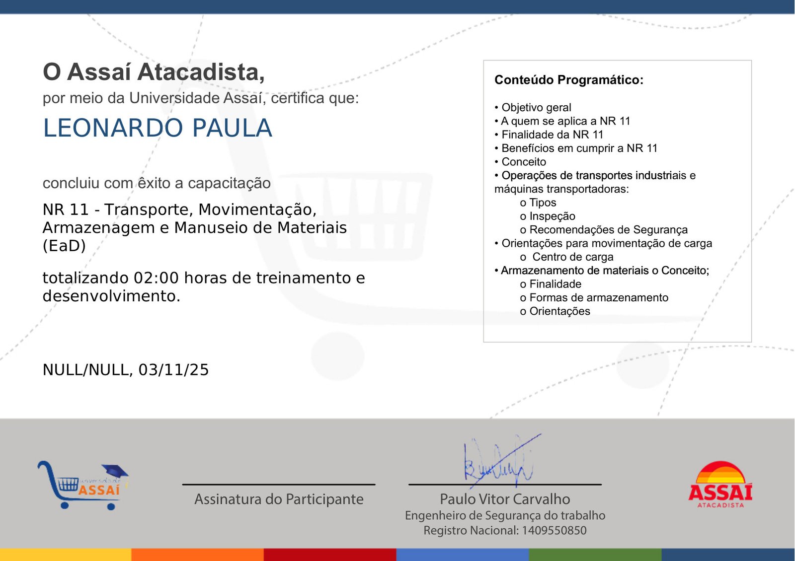 Certificado: NR 11 Transporte, Movimentação, Armazenagem e Manuseio de Materiais (EaD) (2)