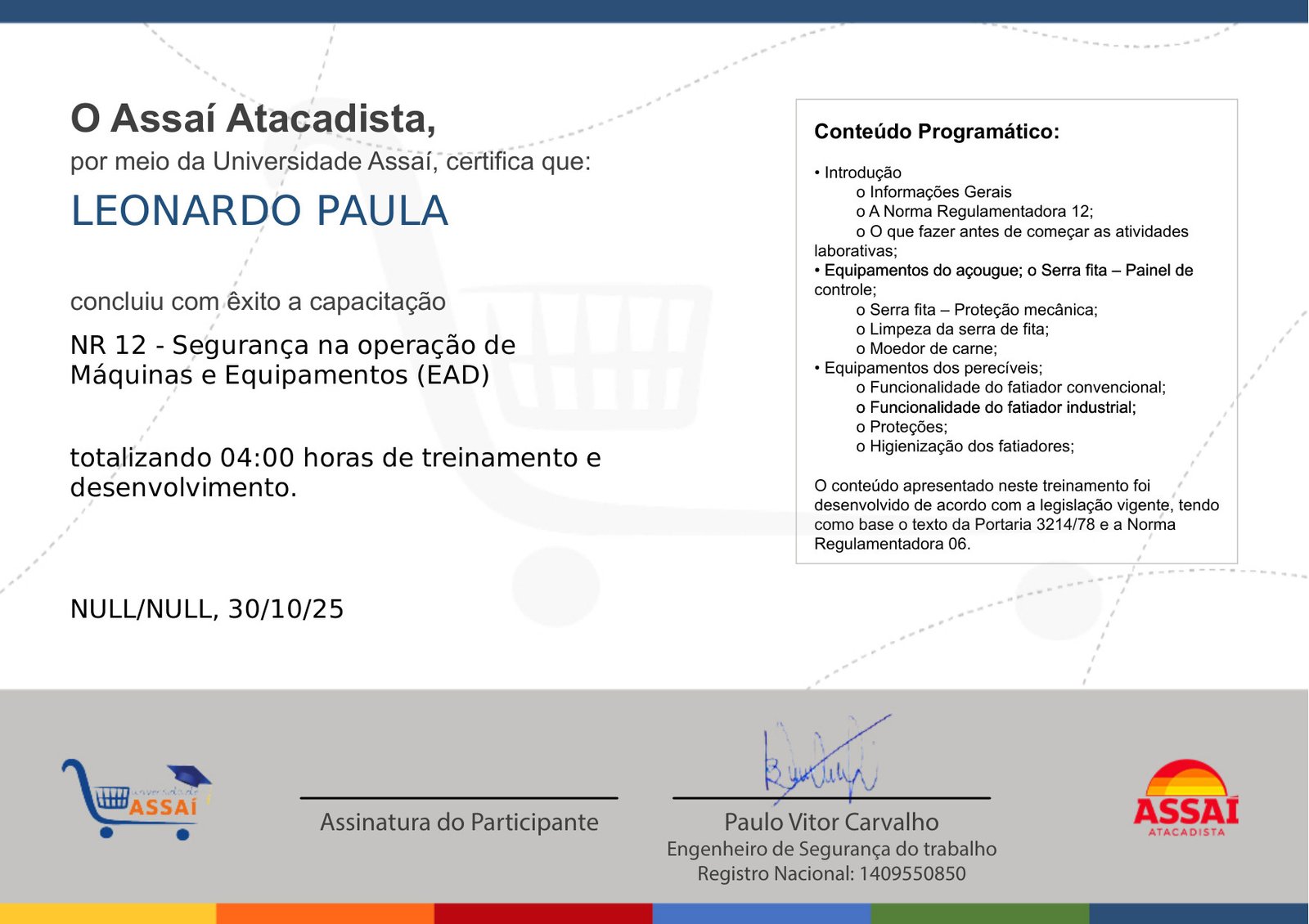 Certificado: NR 12 Segurança na Operacao de Máquinas e Equipamentos (EAD)